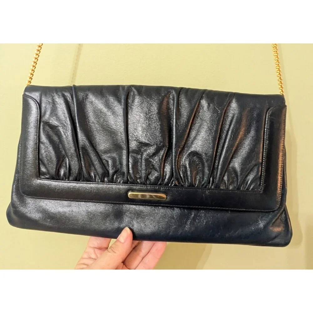 Vintage Susan Gail Dark Navy Leather Clutch W Gold Chain, MCM, Retro